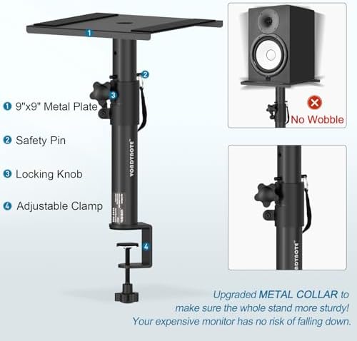 Vondynote Set of 2 Studio Monitor Stands Desktop Speaker Stands Height Adjustable 12" to 18" Speaker Stands with Desk Clamp - Image 2