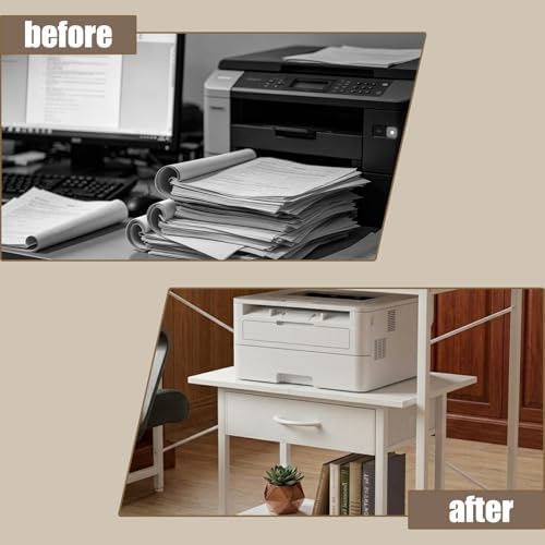 22" x 15" Under Desk Rolling Printer Stand, 2-Tier Industrial Mobile Printer Table with Strong Fabric Drawer, Storage Shelf, Steel Frame and Lockable Wheels, Printer Cart for Home Office (White) - Image 4