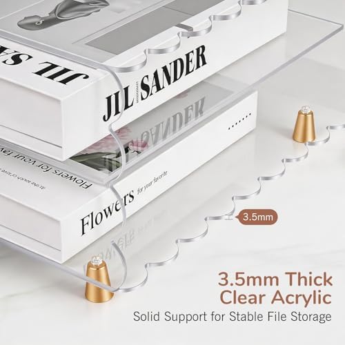 2+1 Tier Paper Letter Tray,Acrylic Desk Organizer with Scalloped Edge& Gold Metal Feet,Top Display Design,Space Saving Clear Organizer for Women, A4 File, Letter, Books,Notes,Home & Office - Image 5