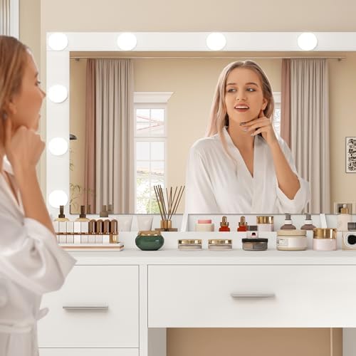FIONESO Vanity with Large Mirror and 12 LED Lights, Vanity Desk with 7 Drawers & Hairdryer Holder, Makeup Vanity Desk with Charging Station for Women, Girls, 3 Lighting Color Adjustable, White - Image 5