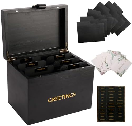 Large Bamboo Greeting Card Organizer Box with 6 Removable Dividers, Real Leather Handle, 100% Handmade Solid Bamboo, Storage Box for Christmas, Valentine, & Birthday Cards, Postcards, Stationery& More by INTARSIO3D