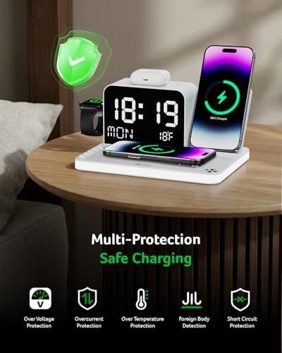 Acer 7-in-1 Wireless Charging Station with LED Clock - 30W Fast Wireless Charger for iPhone 16/15/14/13/12/Pro Max, Apple Watch, AirPods - Bluetooth Auto Time Sync & Night Lights (White) - Image 5