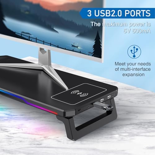 Monitor Stand Riser with USB 3.0 Hub & Type-C Port, 15W Fast Wireless Charging & RGB Lighting, Desk Organizer for Home Office PC iMac 27 Inch (Black) - Image 4
