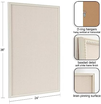 Kate and Laurel Makenna Rectangle Framed Linen Fabric Pinboard; 24 x 36; Soft White; Traditional Beaded Bulletin Board for Vintage Home Wall Organization or Aspirational Vision Board - Image 2