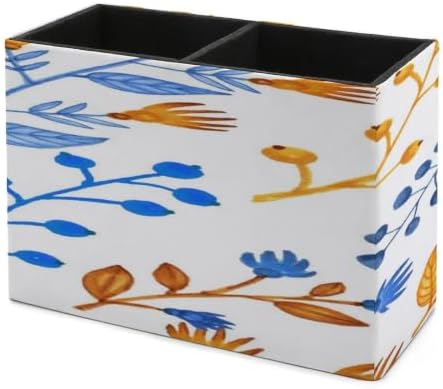 PU Leather Multi-Compartment Pen Holder Desktop Organizer Pencil Cup Storage Caddy for Office Home Supplies Hand Painted Markers Bright Herbal Yellow And Blue Seamless Pattern - Image 7
