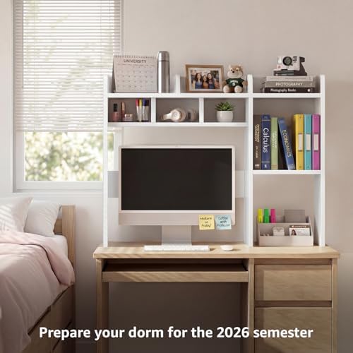 NUTIKAS Desk Hutch White Desktop Bookshelf Shelf - 37 Inch Computer Desk Organizer for Dorm Room, Wood Storage Rack for Home Office Desktop Display Shelves, Small Bookcase for Top of Desk - Image 2