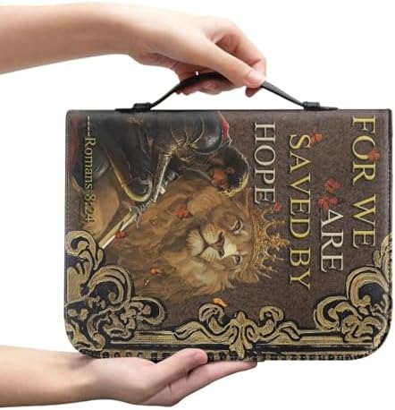 Warrior & Lion Print Women's Bible Cover Case PU Leather Lightweight Book Protetive Cover for Christians, Large Capacity Scripture Bible Bag with Handle & Black Bookmark Strap - Image 2