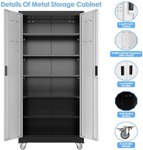 SUXXAN Garage Storage Cabinet with Pegboard,Shelves,Black-Silver - Image 4