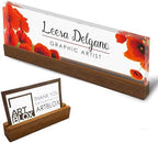 Artblox Office Personalized Name Plate for Desk with Business Card Holder On Clear Acrylic Glass Poppy Flowers Design Custom Desk Name Plate with Your Name and Credentials Customized Gift by Artblox