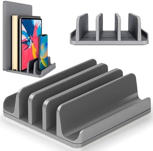 Multiple Laptop Holder Vertical – Adjustable Laptop Vertical Stand Holds 5 Devices, Fits All MacBooks Laptops Tablets and Mobiles (up to 17.3”). Closed Upright Vertical Laptop Stand for Desk by Elestoria