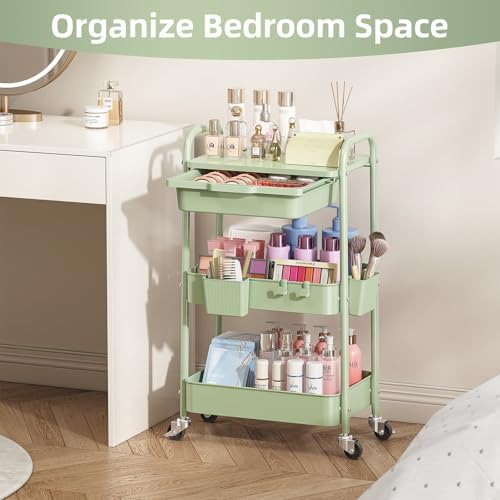 KINGRACK 3 Tier Metal Rolling Cart with Drawer, Green Utility Storage Cart - Image 6