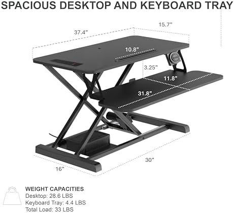 Rocelco 37.4" Electric Standing Desk Converter with Anti-Fatigue Floor Mat - AC USB Charger - Motorized Adjustable Sit Stand Up Computer Workstation Riser - Large Keyboard Tray - Black (R EDRB-MAFM) - Image 3