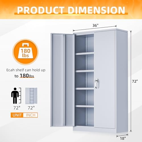 INTERGREAT Metal Storage Cabinet with Doors, 72" Locking Steel Storage Cabinet with Shelves, Tall Metal Cabinet Lockable Steel Cabinets for Home Office, Garage,(Cement) - Image 3