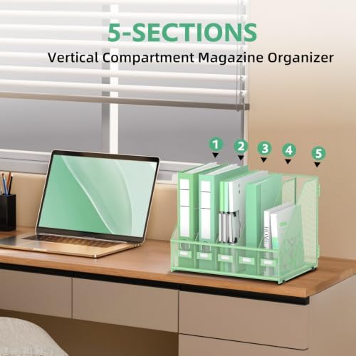 5 Vertical Compartments Magazine Holder, Metal Binder Organizer, Mint Green - Image 5