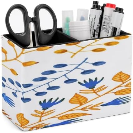 PU Leather Multi-Compartment Pen Holder Desktop Organizer Pencil Cup Storage Caddy for Office Home Supplies Hand Painted Markers Bright Herbal Yellow And Blue Seamless Pattern by Unknown