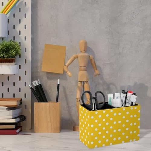 Pens Holder, Pencils Holder for Desk Organizer, Yellow Polka Dots PU Leather Pencil Cups Desktop Stationery Storage Makeup Brush Holder Pens Organizer for Office Home - Image 6