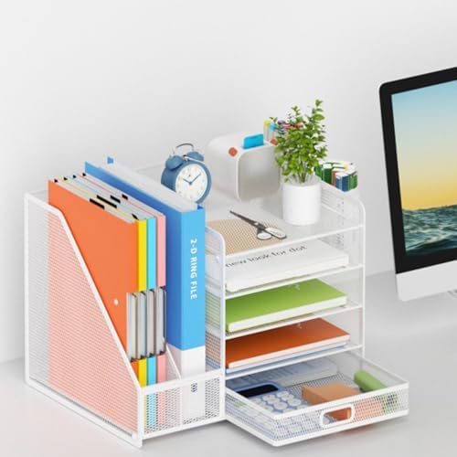 Lavatino Desk Organizer with File Holder, 5-Tier Paper Letter Tray Organizer with Sliding Drawer and 2 Pen Holder, Mesh Desktop File Organizer for Office Supplies, White - Image 6