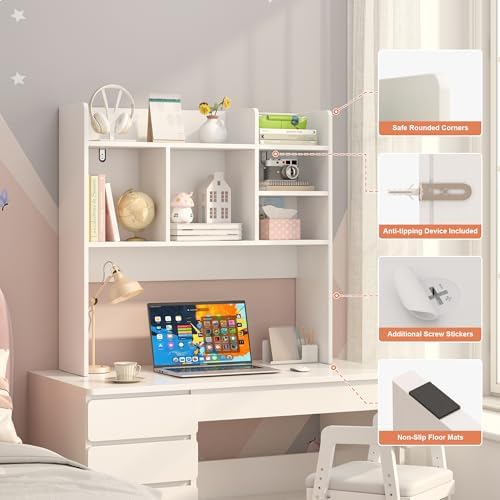 Desk Hutch with 6 Shelves, Desktop Organizer Shelf for Office Dorm, White - Image 3
