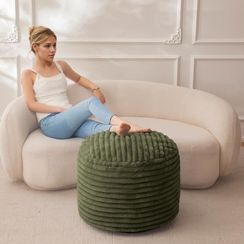 HIGOGOGO Round Stuffed Pouf Ottoman, Stripe Faux Fur Poufs with Foam Chunk Filling, Furry and Fluffy Pouf Foot Stool Storage Ottoman, 26 X 18 Floor Poufs Foot Rest for Living Room, Green - Image 2