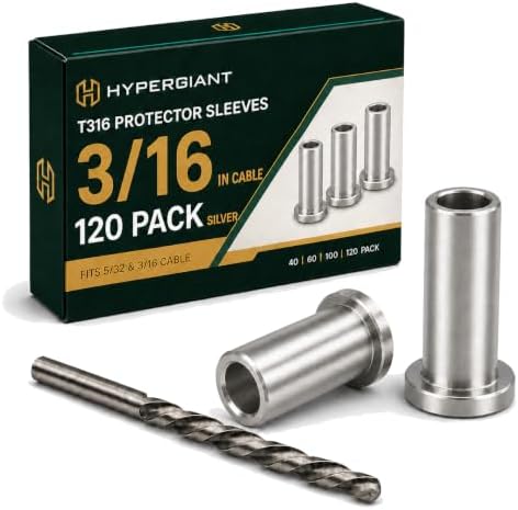 HYPERGIANT 120 Pack Cable Railing Protector Sleeves for 5/32 or 3/16 Inch Wire Rope, T316 Stainless Steel Wood/Composite Post Protective Sleeves for Deck Stair Railing with 1 Drill Bit by Hypergiant-acolorfulstory