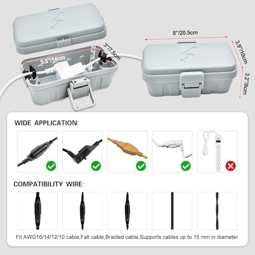 Hrensaw Small Weatherproof Electrical Connection Box(Inner 5.5 x 3 x 2.2inch),Outdoor Electrical Box,Waterproof Extension Cord Covers for Plug, Extension Cables, Holiday Lights,Grey (Pack of 2) - Image 2