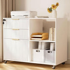 INNOD 3 Drawer Fluted Mobile Filing Cabinet with Lock, Lateral Rolling Under Desk File Cabinet, Wooden Printer Stand Table for Home Office Essentials Storage Organization Furniture Letters/A4(White) by INNODToddlerTower