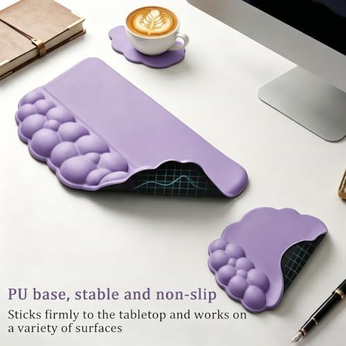 Cloud Keyboard Wrist Rest Set, 3 in 1 Ergonomic Memory Foam Keyboard Stand Pad with Mouse Wrist Support & Cup Holder, Anti-Slip Desk Cushion for Office Gaming Typing Pain Relief, Purple - Image 2