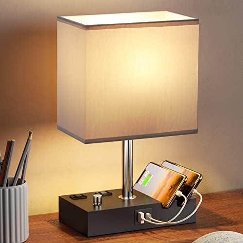 Grey Table Lamp for Bedroom - Stepless Dimmable, USB C+A, 2 AC Outlets - Image 5