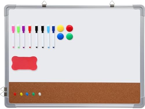 Lincia 1 Set Whiteboard Dry Erase Cork Board Combo, 24" x 18" White Board with 1 Magnetic Dry Eraser, 8 Markers, 4 Magnets, 5 Cork Pegs and 2 Red-Tailed Screw for Office, Home, School, Office Desk by Lincia