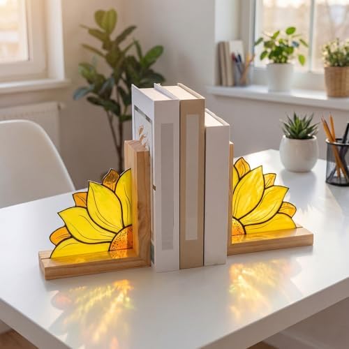 Maitys Sunflower Bookends Oak Base, Yellow for Desk Shelves - Image 4