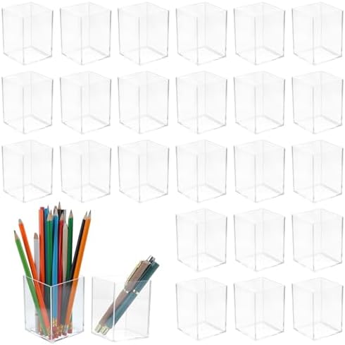 24 Pack Clear Acrylic Pen Holders – Multipurpose Desktop Organizer for Pencils, Makeup Brushes, Stationery & Office Supplies (2.6” x 2.6” x 3.6”) by Unknown