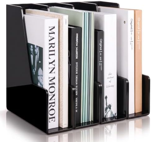 Vertical Magazine File Holder, Black File Organizer Desk Organizer and Storage Bins Holding for Magazines, Binders, Notebooks, Envelopes, Plastic Office Organization and Storage for Desk, 4 Pack by Laloblue