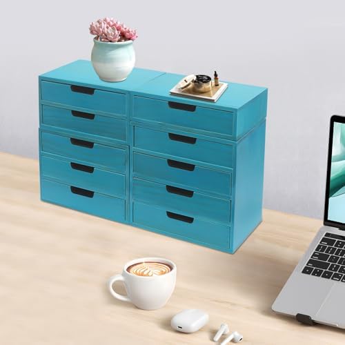 4-Piece Wooden Stackable Drawer Cabinet Set - Desktop Storage Organizer with 10 Drawers, Sturdy Design for Home/Office, No Assembly, Space-Saving, Durable (Blue) - Image 5