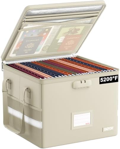 ENGPOW 5200°F File Box Fireproof Document Box with Lock,Heat Insulated Collapsible File Storage Organizer Box with Handle,Portable Home Office File Cabinet for Hanging Letter/Legal Size Folder, Beige by ENGPOW