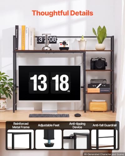 VEVOR Desk Shelf 38.6" W, Desktop Bookshelf Storage Hutch for Computer Monitor, Metal Frame and Wooden Shelf, 4-Tier Desk Display Rack, Multipurpose Desk Organizer Hutch for Dorm, Home, Office - Image 5