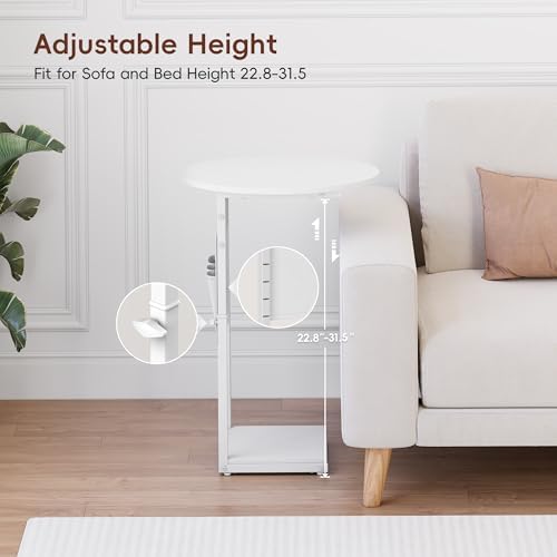 Vagusicc C Shaped End Table with Charging Station, 32" Tall Side Table for Couch and Recliner, Adjustable Height Small Couch Side Table Slide Under Sofa TV Tray Table for Living Room, Bedroom, White - Image 7