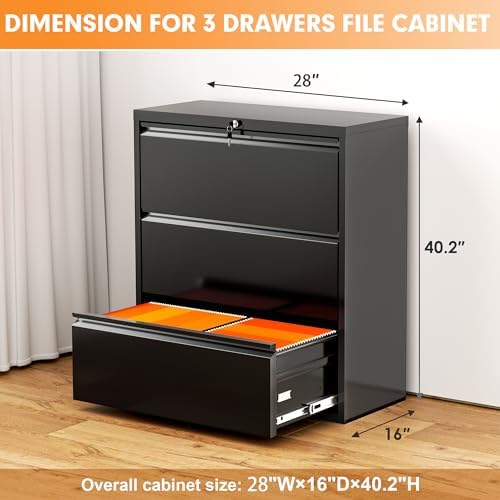 INTERGREAT Lateral File Cabinet 3 Drawer, Metal File Cabinets for Home Office, Locking File Cabinet for Letter/Legal/F4/A4 Size Hanging Files, Easy Assembly, Black - Image 3