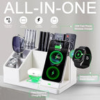 White Leather Desk Organizer with Wireless Charger – 3-in-1 Charging Station for Phone, Watch & Earbuds, 4-Compartment Remote & Office Supplies Caddy for Home Office, Gifts for Women & Men (white) - Image 2