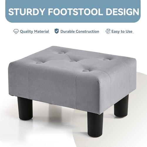 Poofzy Small Foot Stool Ottoman, Velvet Ottoman Foot Rest with Legs, Rectangle Foolstool Ottomans for Couch, Ottoman Foot Stools for Living Room Entryway (Gray), Grey - Image 4