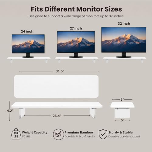 Bamboo Monitor Riser, Wide Desktop Monitor Stand for Desk with Clear Acrylic Legs, 31.5 x 8 inch Bamboo Wood Shelf, Fit Keyboard, Home Office Workspace Accessories, Study Stationaries Storage (White) - Image 2