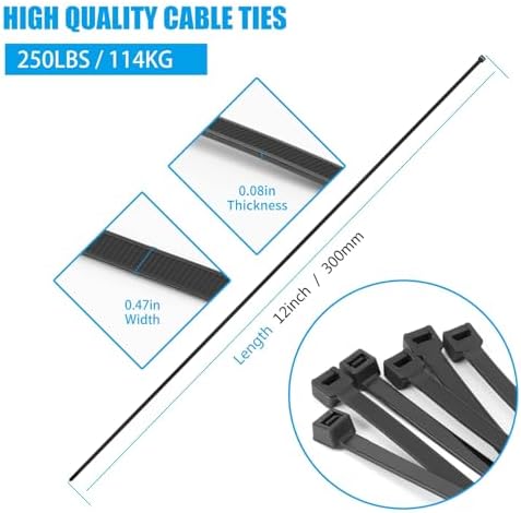 12 inch Black Zip Ties Heavy Duty 400 PCS, 250 LBS Ultra Exclusive Strong Plastic Wire Ties, Large Cable Ties Extra Long Tie Wraps, Indoor and Outdoor UV Resistant - Image 3
