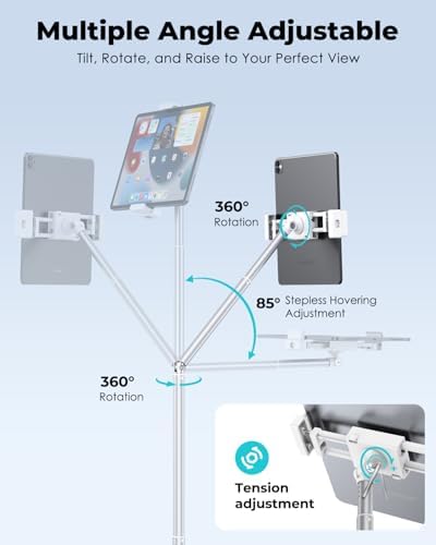 Viozon Tablet Floor Stand, Height & Angle Adjustable Tablet Holder with Aluminum Alloy Arm Tube, 360° Rotation for Bed, Sofa, Desk, Compatible with 3.5-11'' iPad Pro/Air/Mini, iPhone 15/14, Kindle. - Image 3