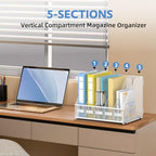 5 Vertical Compartments Magazine File Holder, Metal Binder Organizer, White - Image 5