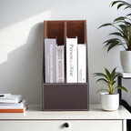 KINGFOM Wooden Leatherette Desktop File Folder Organizer and Document File Stand Journals Magazine Rack 2 Slots (brown) - Image 7