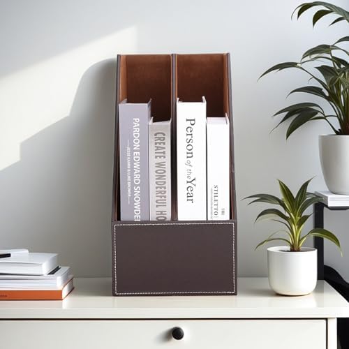 KINGFOM Wooden Leatherette Desktop File Folder Organizer and Document File Stand Journals Magazine Rack 2 Slots (brown) - Image 7
