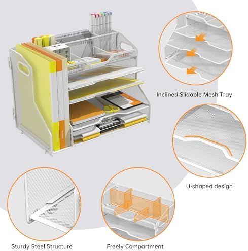 YINGHUA 5-Tier Mesh Desk Organizer and File Holder, Letter Tray - White - Image 5
