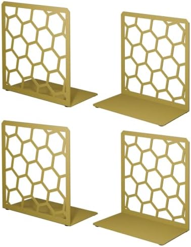 Gold Geometric Honeycomb Metal Bookends - Book Ends for Shelves - Decorative Modern Heavy Duty Bookend Stopper - Book Ends for Heavy Books - Home Office Book Holder - 2 Pair, 6x3.25x6.25 in by Geomod