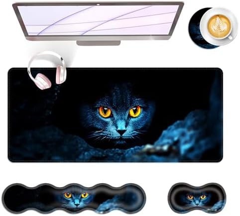 Large Keyboard Mouse Pad Set, Extended Mouse Pad+Keyboard Wrist Rest Support, Memory Foam Ergonomic Easy Typing, 4Pcs (31.5×11.8 in) Desk Pad Set for Office Home,Black Cat with Glowing Eyes by Unknown