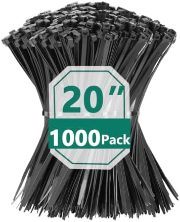 1000PCS 20 inch Black Zip Ties 78LBS Tensile Strength Self-Locking heavy duty UV Resistant Cable Tie Wraps for indoor and outdoor use(Black) by MasiStranth