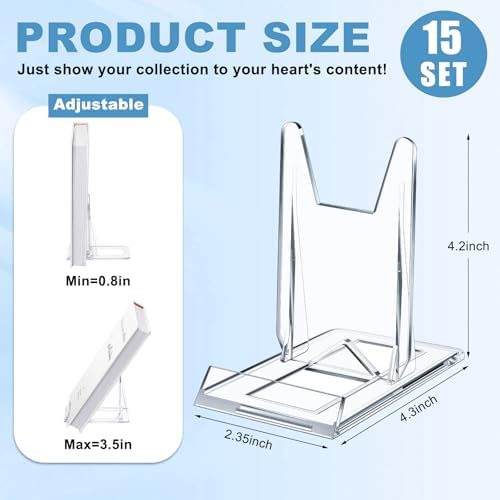 Hushee 15 Pack Acrylic Book Stand for Display Adjustable Clear Book Display Holder Easel Rack Stand for Home Office Back to School Library Bookshelf Comic Album CD Magazine Postcard Artworks - Image 2